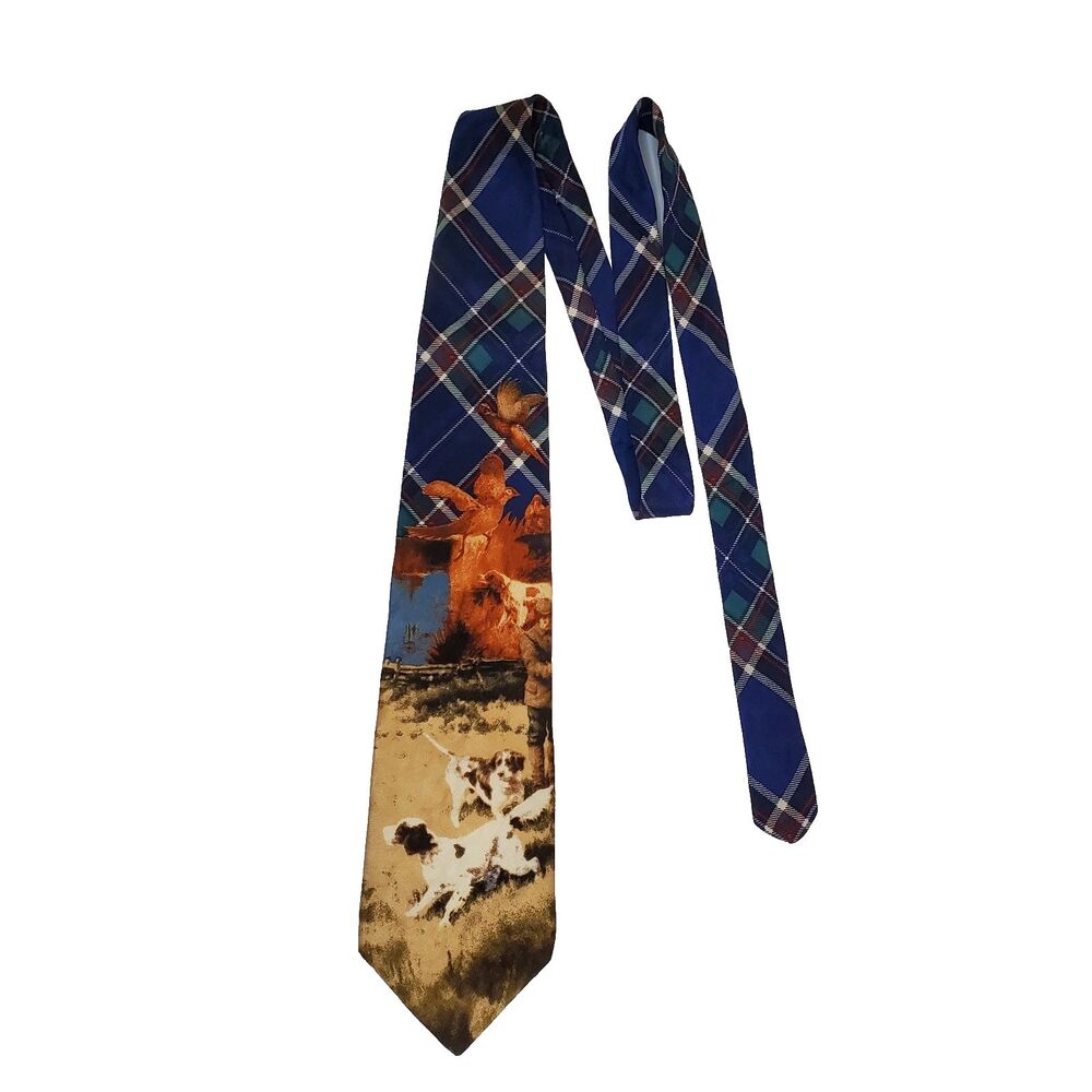 Vintage Braewick Silk Tie Navy Plaid Pheasant Hunting Motif Made in USA